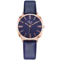 Vista detallada del reloj de cuarzo para mujer con esfera azul y caja cuadrada dorada. - Azul