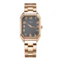 Primo piano dettagliato di orologio donna quarzo oro rosa quadrato con quadrante scuro testurizzato. - Numerato Spazzolato Nero