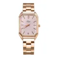 Vista dettagliata dell'orologio da donna al quarzo quadrato oro rosa con cinturino metallo. - Tre Borchie Rosa