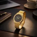 Reloj de cuarzo de aleación dorada con bisel de estrás y esfera estrellada para mujer - Caja Dorada Esfera Negra