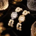 Double row faux pearl stretch quartz watch with rhinestone square dial for women. - Square / Gold