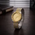 Women quartz watch with alloy steel strap rhinestone crystal dial luxury fashion wristwatch - Two Tone Gold Dial