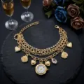Gold multi-layer chain bracelet quartz watch with heart and rose charms for women. - Rose / Gold