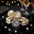 Double-row imitation pearl elastic quartz watch with heart-shaped diamond bezel detail. - Heart / Gold