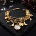 Gold multi-layer charm bracelet quartz watch with heart star moon pendants for women stylish. - Starfish Moon / Gold