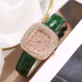 Women fashion rhinestone square quartz watch with green leather strap and glitter dial. - Rose Gold Case Green Dial