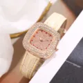 Fashion square rhinestone women quartz watch with starry dial and elegant leather strap. - Rose Gold Case Light Yellow