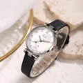 Reloj de cuarzo minimalista para mujer correa negra esfera blanca elegante estilo estudiante. - Correa de Cuero Negro