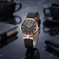Reloj de cuarzo mujer correa de cuero negro esfera hoja lazo elegante moda chic - Negro