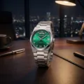Detalle del reloj de cuarzo con esfera verde y correa de acero inoxidable de noche. - Verde Esmeralda