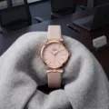 Women quartz watch pink leather strap bow detail leaf embossed dial elegant time - Apricot