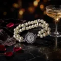 Elegante reloj de cuarzo elástico de doble fila de perlas detalle esfera de pedrería. - Escala de Strass Romano Floral / Plateado