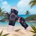 Close-up detail of black lace fingerless gloves, sheer mesh design, elegant summer wear. - Black Lace Half-Finger