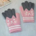 Gants tricot chat mignon hiver chaud pour enfants rose gris mitaines doigts separes - Taille unique / Rose
