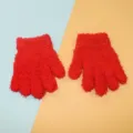 Red winter thermal children's gloves, fleece-lined knitted fuzzy gloves for outdoor sports. - Red