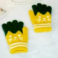 Kids winter warm knit gloves, cute cat face pattern, green and yellow split finger design. - One Size / Yellow