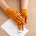 Winter knitted fingerless gloves for women and men, warm half-finger gloves in yellow. - One Size / Jacquard Two-Finger Yellow