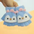 Gants tricotés demi-doigts motif pingouin dessin animé pour enfants hiver chaud bleu doux - 5-10 Ans / Bleu