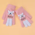 Kids winter warm knit gloves cute cartoon bear plush design pink five finger mittens - 6-12 Years Old / Pink