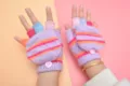 Gants d'hiver tricotés pour enfants, mitaines convertibles avec rayures colorées et design chaud. - 2-6 ans / Violet