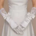 Elegant white bridal satin and lace gloves with sweet bowknot for wedding party formal dress. - One Size / Off White