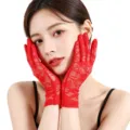Elegant red lace gloves for women, sheer mesh sun protection gloves for tea party wedding - One Size / Bright Red