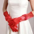 Red satin long bridal gloves with bow and lace detail, elegant vintage wedding accessory. - One Size / Red