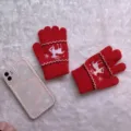 Gants tricotés chauds pour enfants rouge hiver motif cerf mignon doublure polaire - 5-12 Ans / Rouge