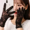 Black lace gloves for women, elegant sheer mesh floral bridal tea party sun protection accessories. - One Size / Black