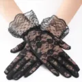 Black Lace Sun Protection Gloves Women Elegant Floral Mesh Driving Gloves Short Party Mittens - One Size / Black