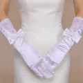 White satin bridal gloves with lace and bow, elegant long wedding dress accessories for women. - One Size / White