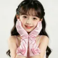 Gants longs en satin rose pour enfants avec beau nœud et strass pour fête. - Rose