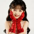 Gants de performance en satin rouge pour enfants gants de fête avec nœud et cristal - Rouge