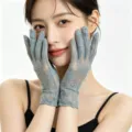 Grey lace sun protection gloves for women, sheer mesh floral pattern for summer tea parties. - One Size / Gray