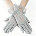 Grey floral lace sun protection gloves for women, elegant summer mesh driving gloves item - One Size / Gray