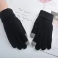 Winter warm knitted touchscreen gloves for women and men, black five-finger thermal variant. - One Size / Cuff Black Touchscreen