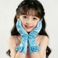 Gants de princesse longs en satin pour enfants avec nœud et strass pour fête spectacle - Bleu