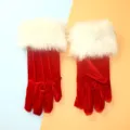 Red velvet Christmas gloves with white faux fur cuffs, short warm party performance style. - One Size / Three-Rib Red