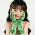 Gants en satin vert pour enfants avec beaux nœuds et strass pour fête et spectacle. - Vert