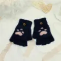 Gants d'hiver en peluche à demi-doigts pour femmes, joli design de patte de chat douce. - Taille unique / Bleu marine