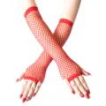 Detail shot of red fishnet fingerless gloves, showing elastic mesh texture and arm sleeve style. - One Size / Red