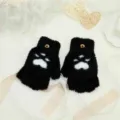 Femme hiver chaud noir demi-doigt gants rabattables mignon chat patte peluche mitaines - Taille unique / Noir