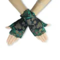 Women short lace fingerless gloves black green floral sun protection driving gloves - Green