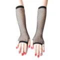 Detailed view of black fingerless fishnet gloves, high elasticity for party cos and performance. - One Size / Black