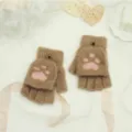 Gants d'hiver femme demi-doigts rabattables marron peluche motif patte de chat mignon - Taille unique / Café