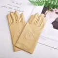 Short sun protection gloves for women, elegant beige satin driving gloves with floral embroidery. - One Size / Beige