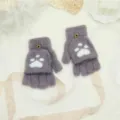 Grey plush half-finger flip gloves, cute cat paw pattern, winter warm student mittens. - One Size / Purple