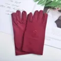 Summer thin maroon sun protection gloves for women with delicate floral embroidery design. - One Size / Burgundy