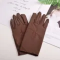 Women brown sun protection gloves short fabric driving gloves with floral embroidery chic. - One Size / Coffee