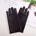 Black satin short gloves for women with delicate floral embroidery, elegant UV protection. - One Size / Navy Blue